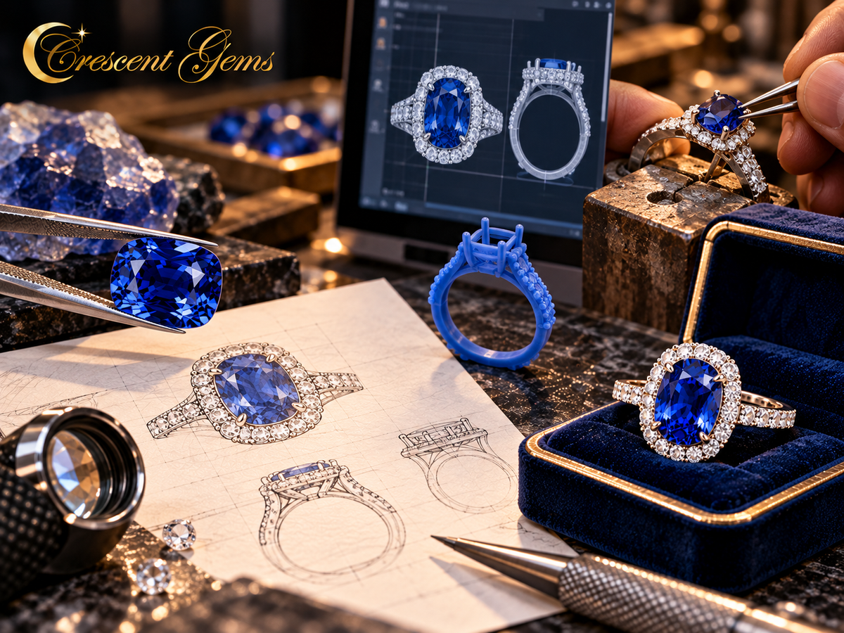A loose blue sapphire, design sketches, a CAD render, a wax model and the finished halo ring in its box