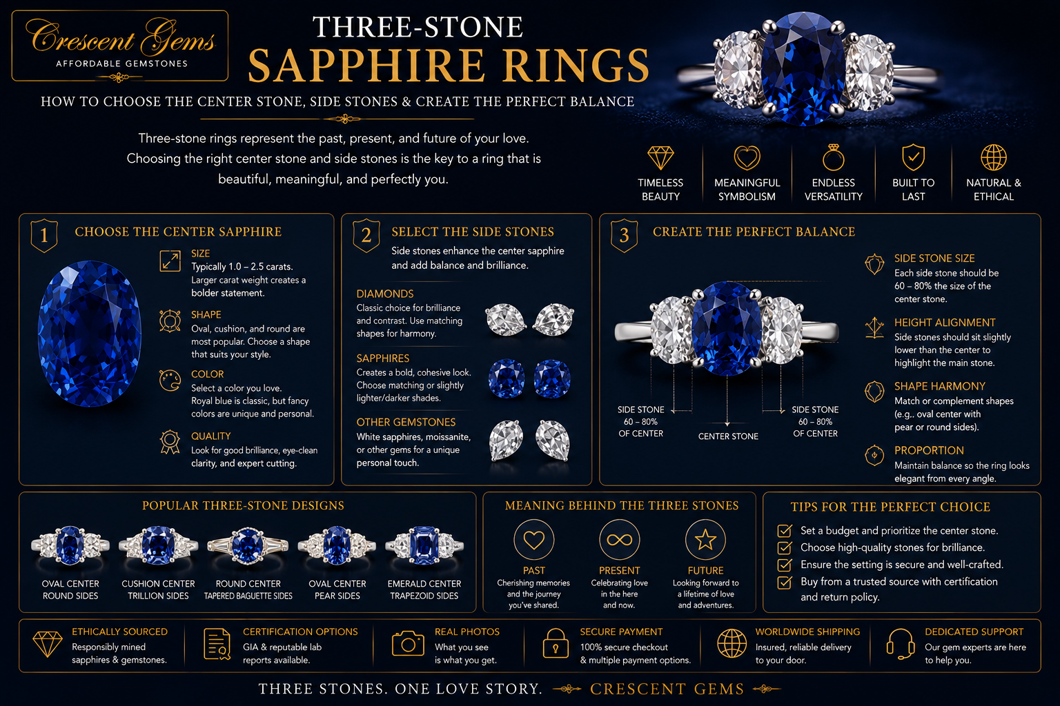 Three-Stone Sapphire Rings — How to Choose the Center Stone, Side Stones