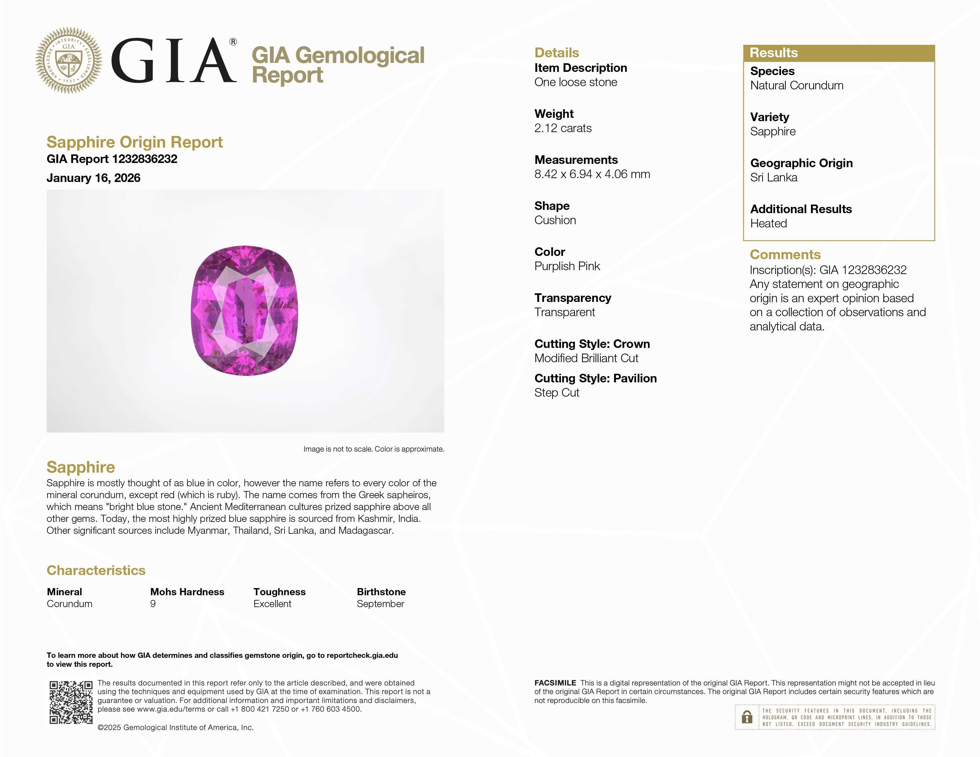 2.12 ct purplish pink sapphire gemstone with excellent clarity and brilliant cut