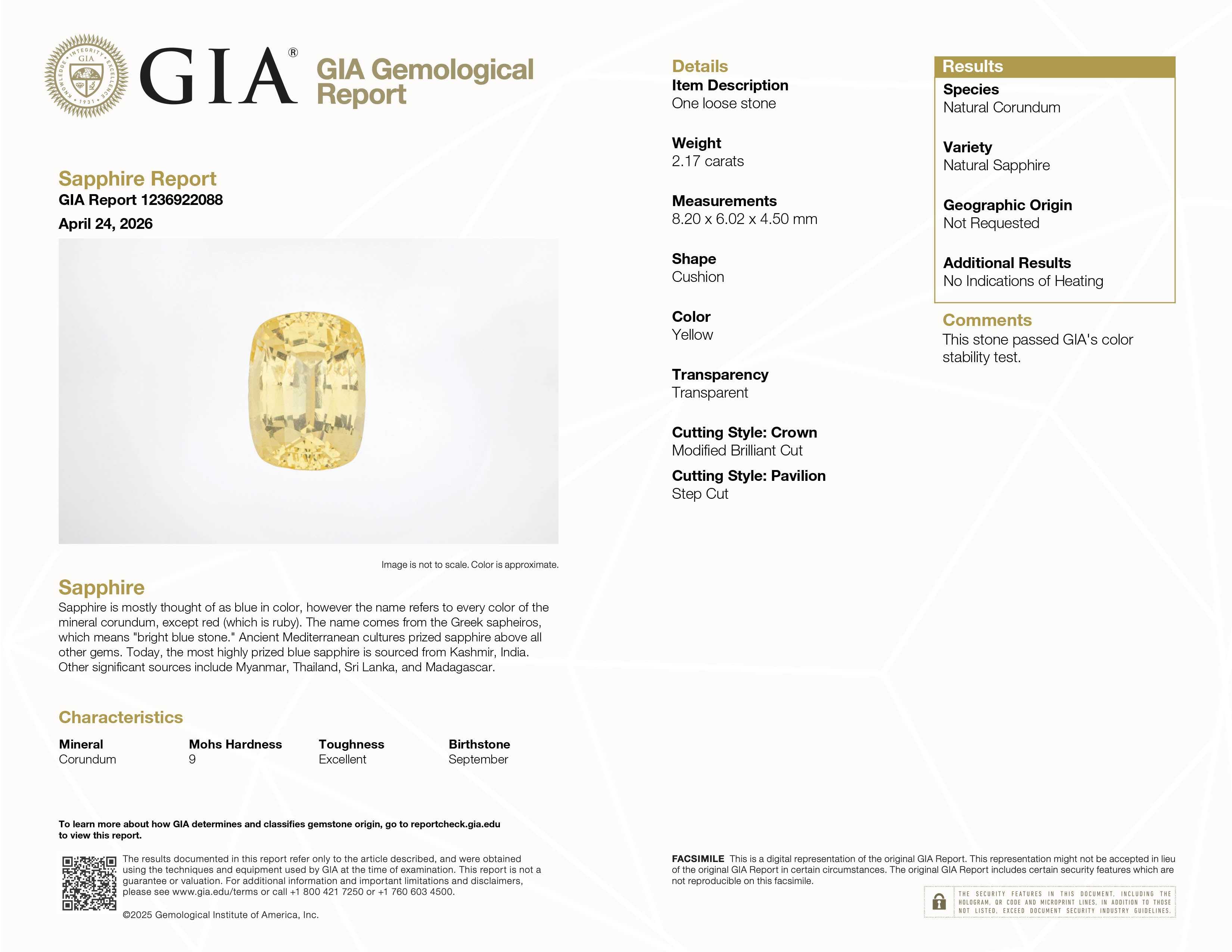 2.175 ct natural unheated yellow sapphire from Sri Lanka with brilliant golden hue and excellent clarity