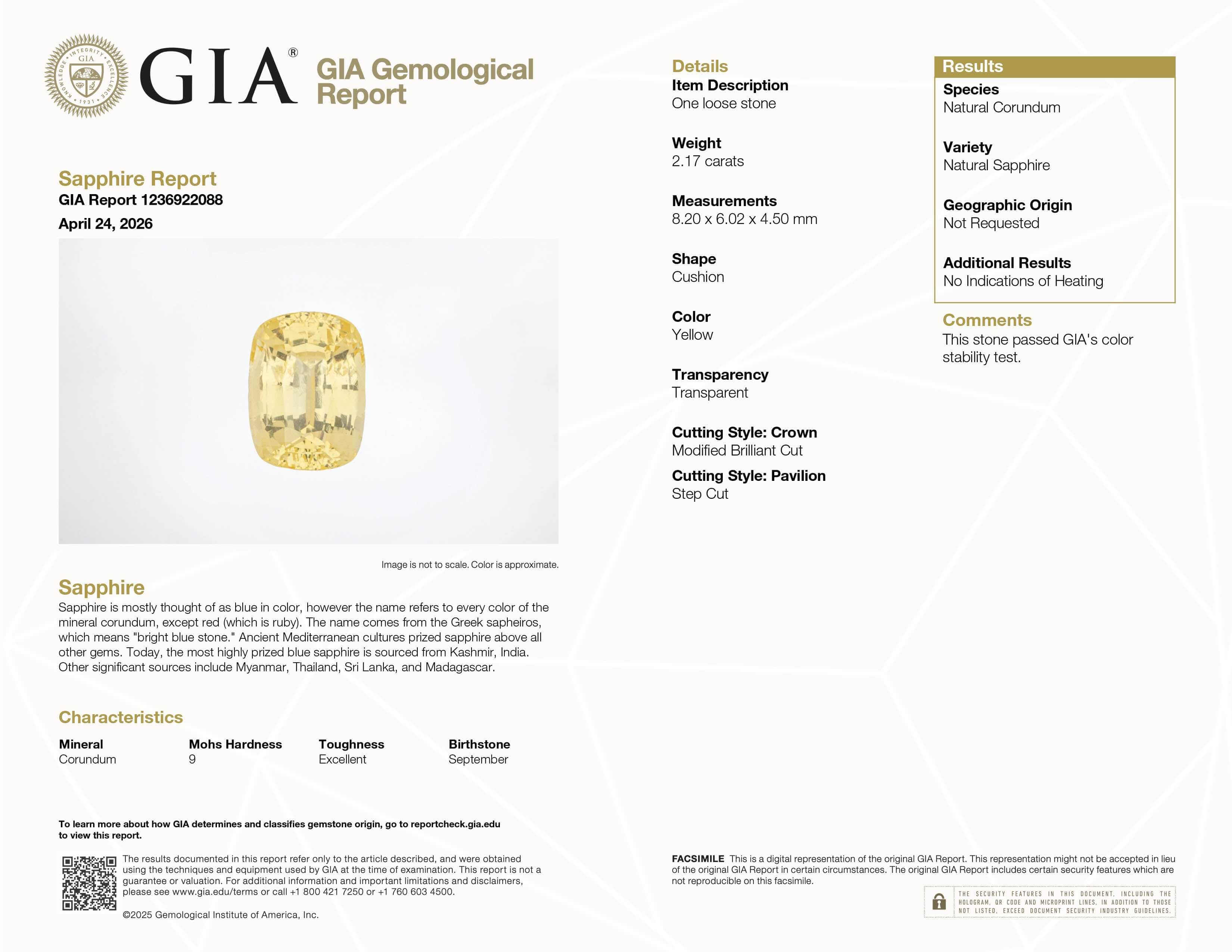 2.175 ct natural unheated yellow sapphire from Sri Lanka with brilliant golden hue and excellent clarity