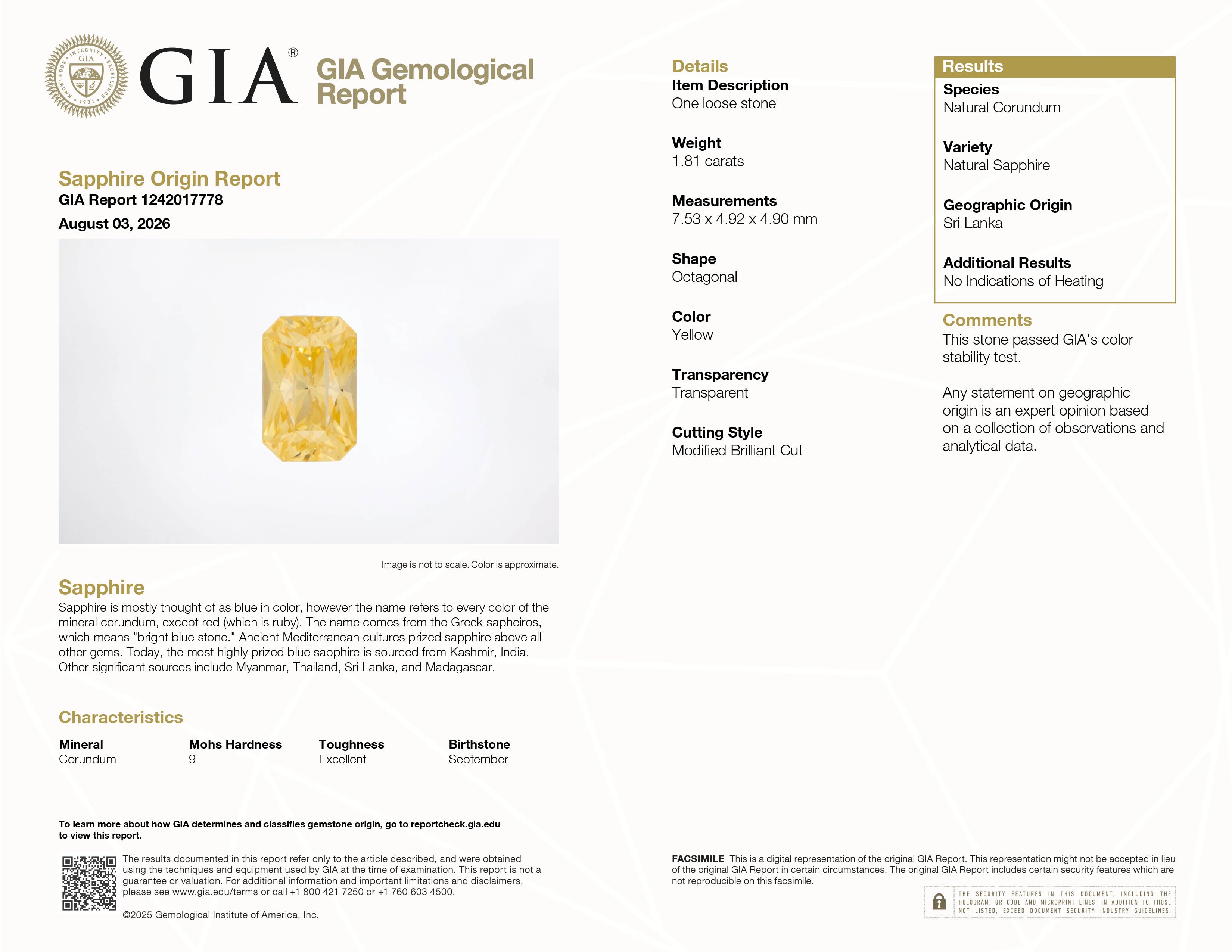 GIA Report #1242017778 for 1.81 ct Yellow Sapphire, Radiant Cut, unheated, Sri Lanka (Ceylon) origin