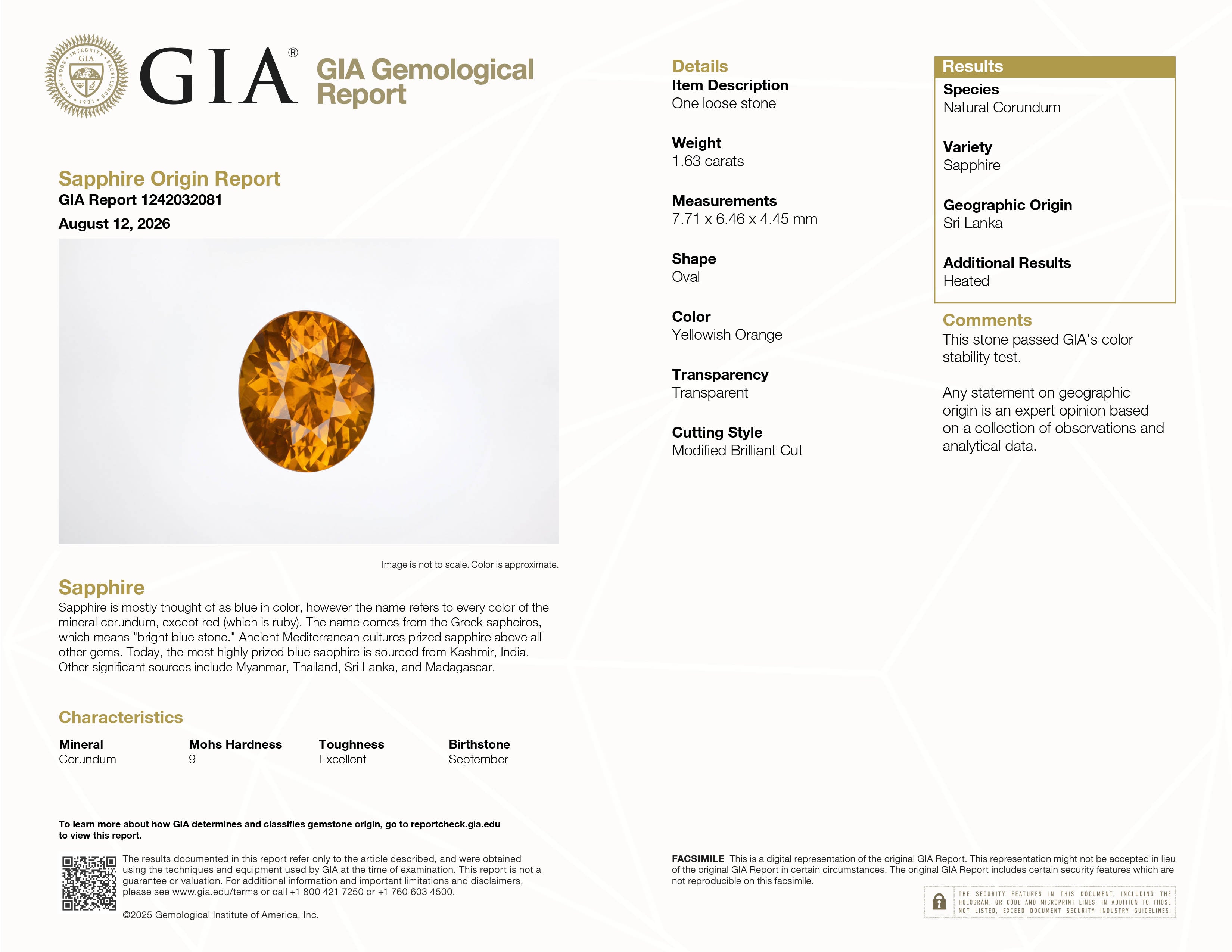 1.63 ct heat-treated Ceylon Orange Sapphire, Oval Cut, GIA Report #1242032081
