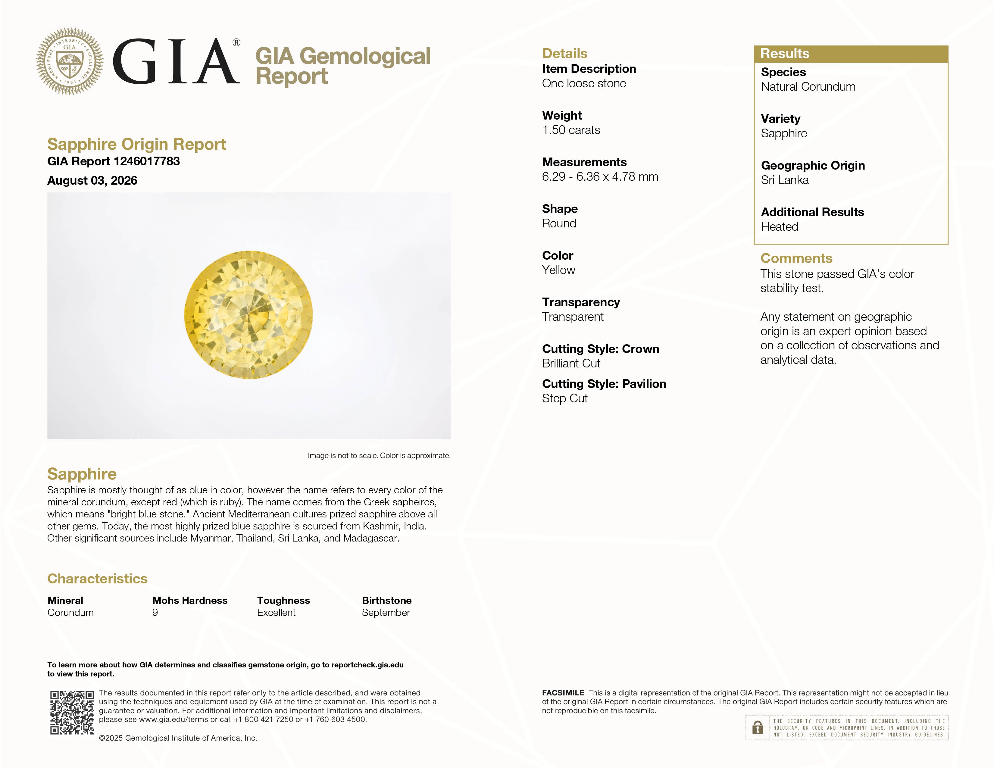 GIA Report #1246017783 for 1.50 ct Yellow Sapphire, round cut, heated, Sri Lanka (Ceylon) origin