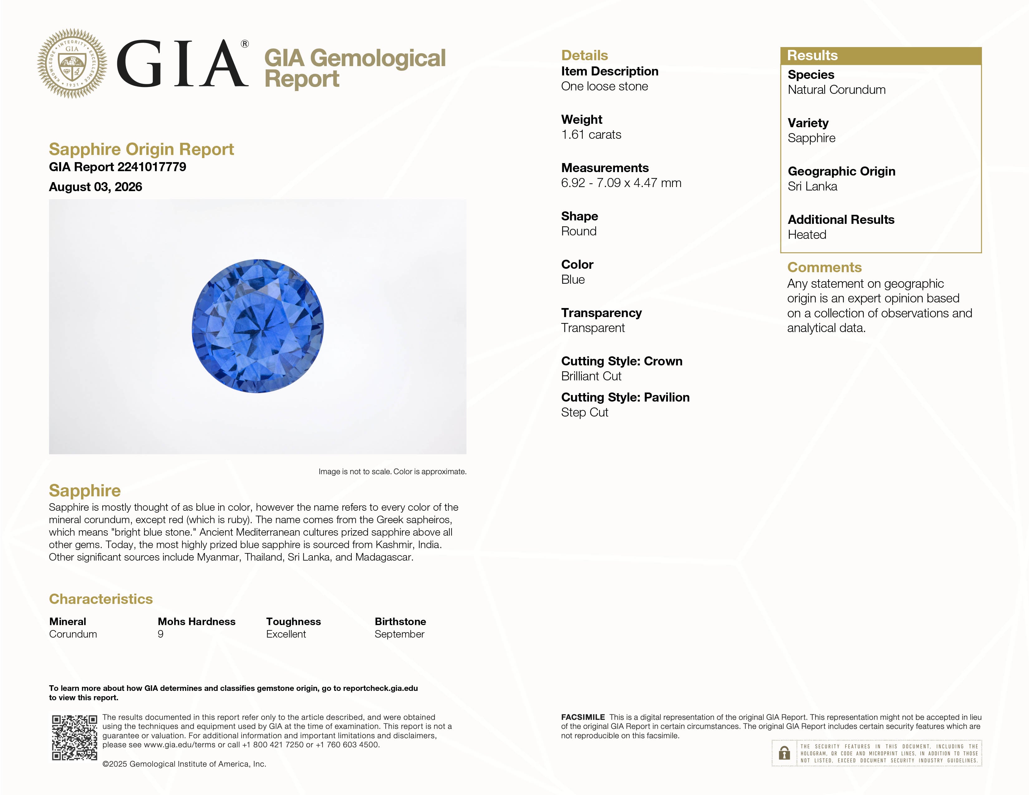 GIA Report #2241017779 for 1.61 ct Round Blue Sapphire, modified round brilliant cut, heat treated, Sri Lanka origin