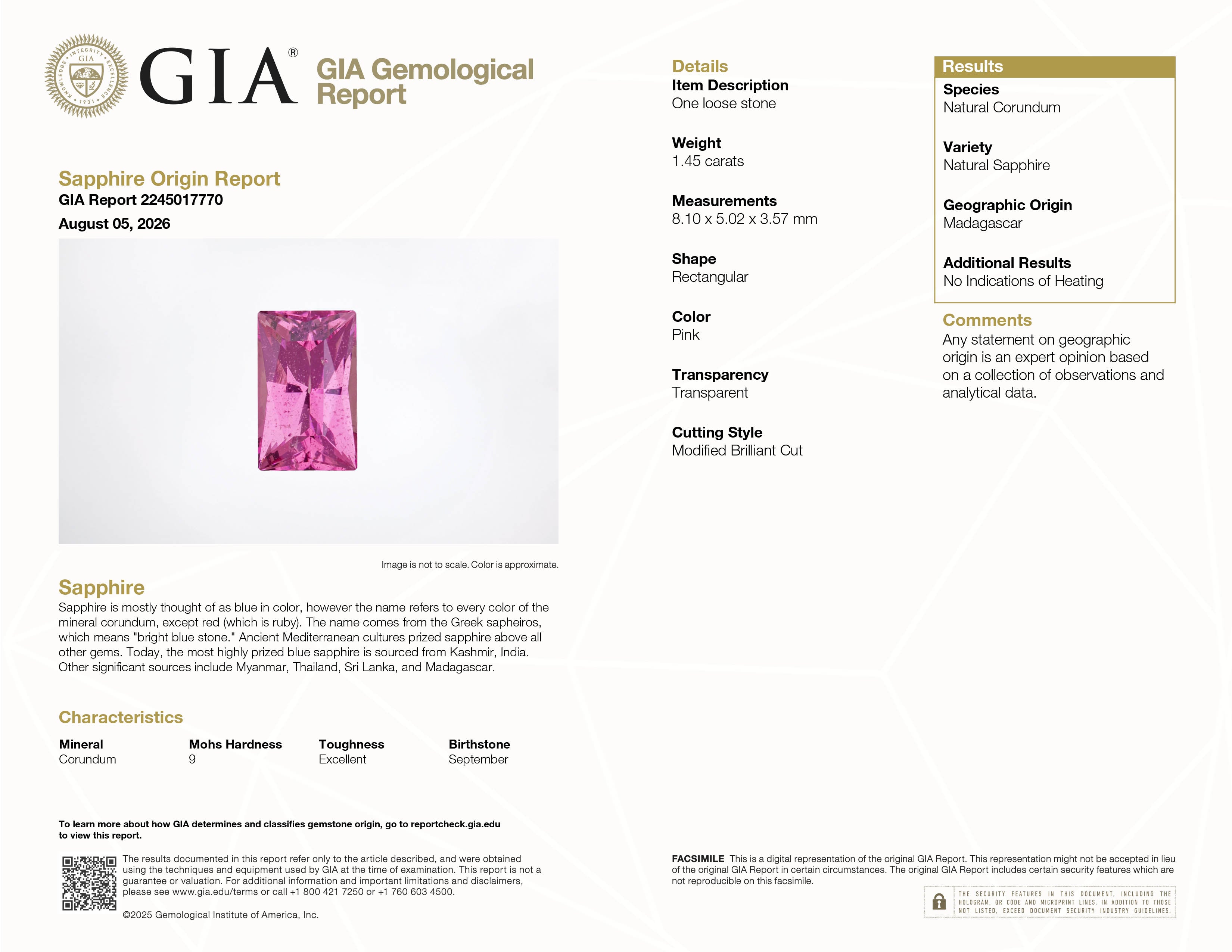 GIA Report #2245017770 for 1.45 ct Pink Sapphire, Radiant Cut, unheated, Madagascar origin