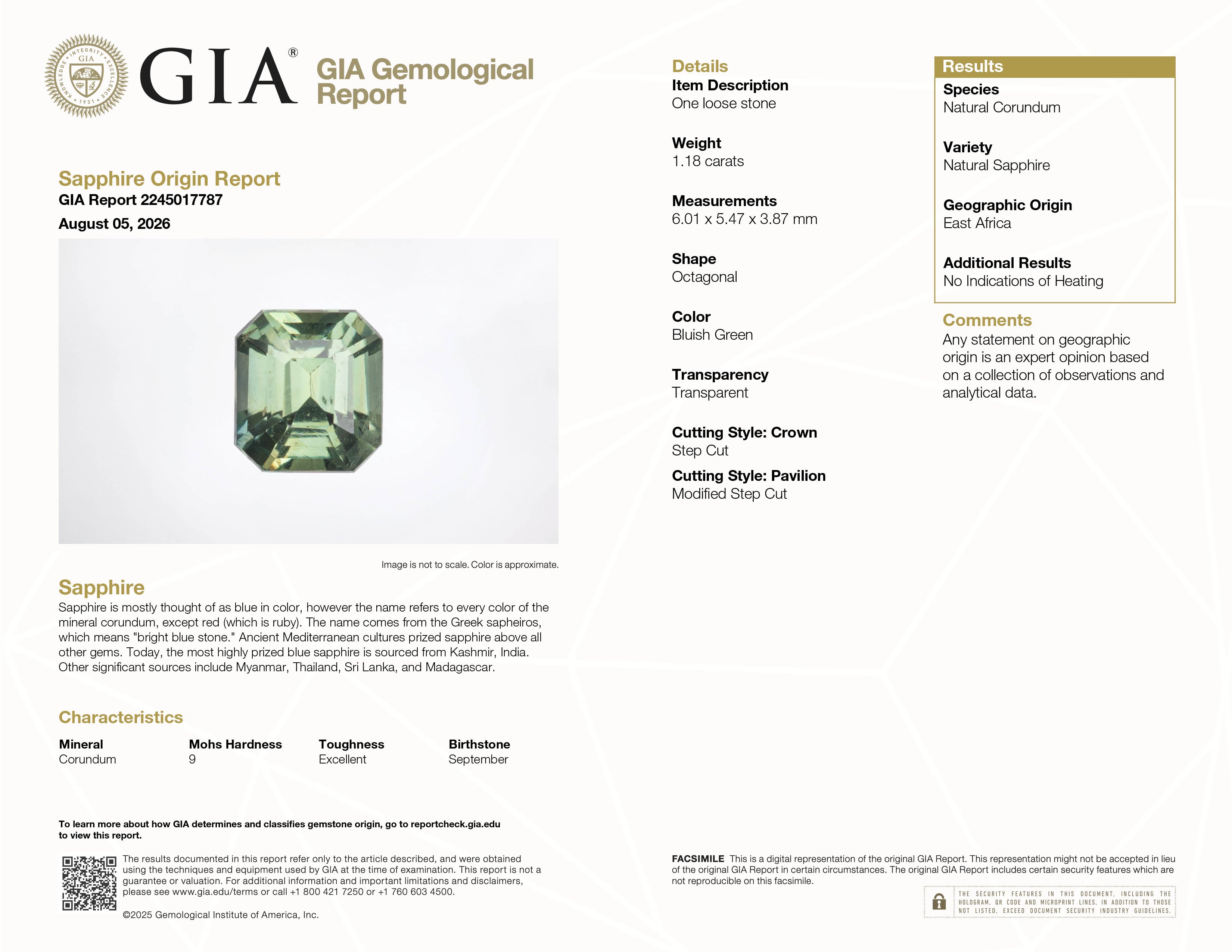 GIA Report #2245017787 for 1.18 ct Bluish Green Sapphire, emerald cut, unheated, East Africa origin