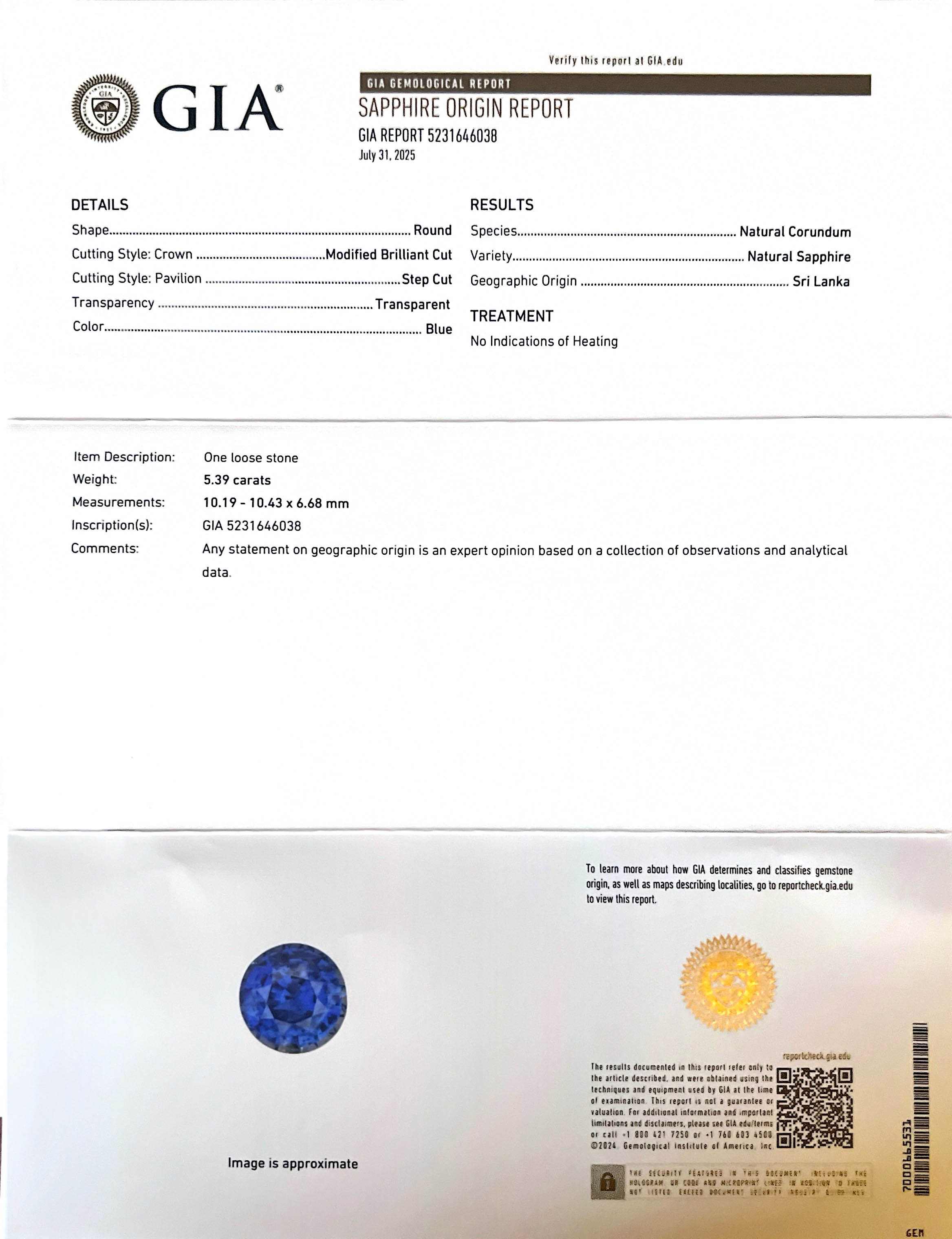 5.39 carat unheated natural blue sapphire with GIA certification and brilliant cut