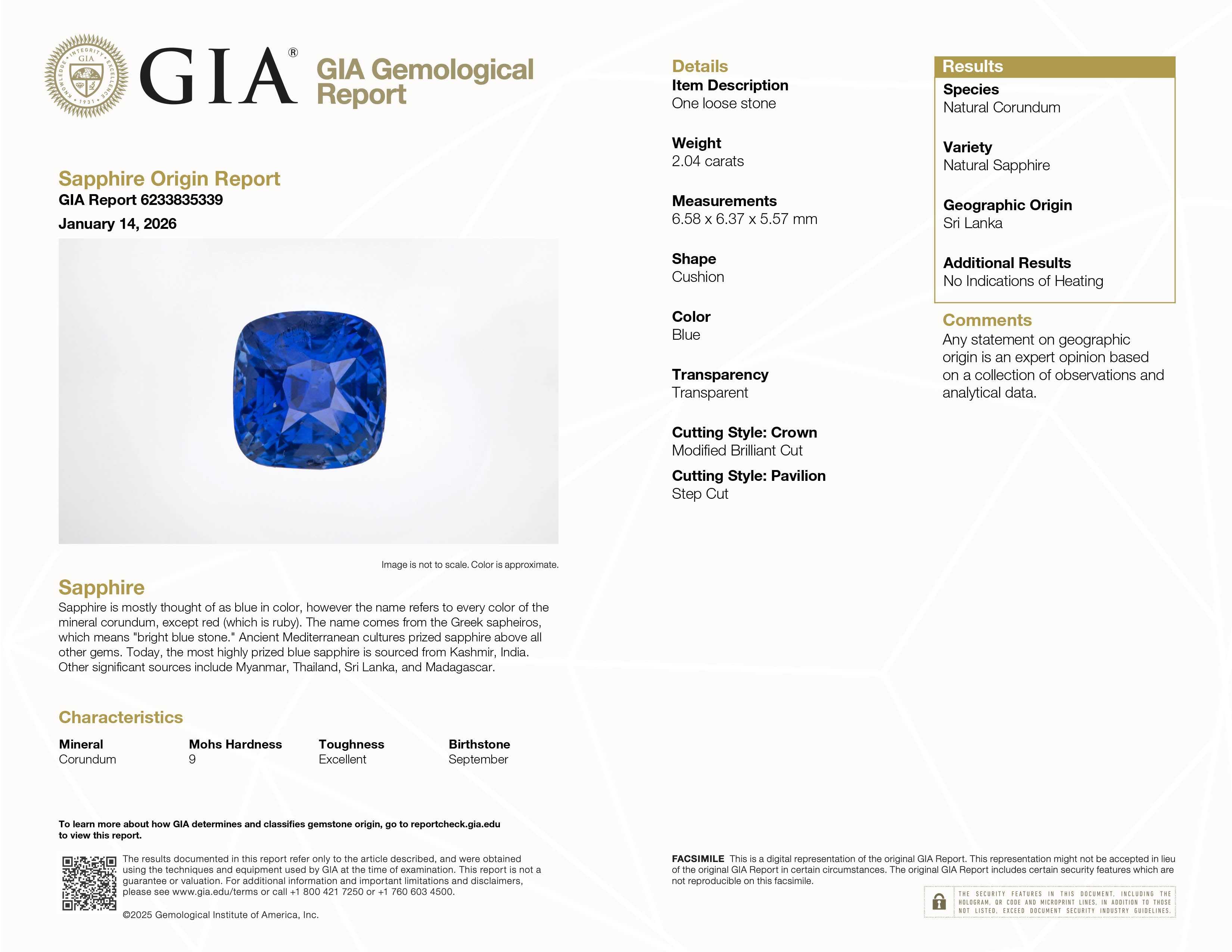 2.04 ct unheated blue sapphire with cornflower blue hue and excellent clarity for fine jewelry