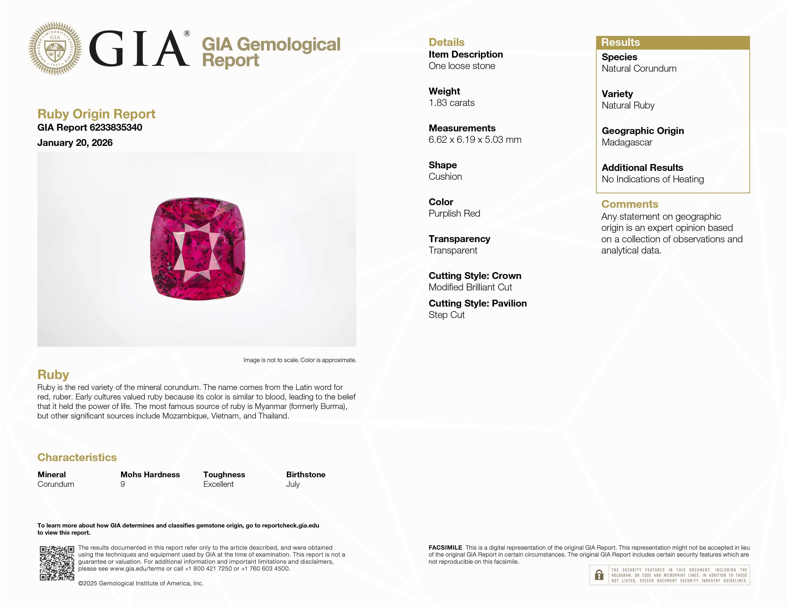1.83 ct untreated Natural Ruby with rich red hue and excellent clarity GIA lab report
