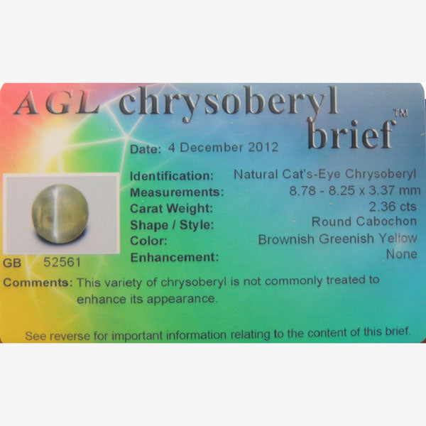 2.36 ct Chrysoberyl Cats Eye ~ Unheated