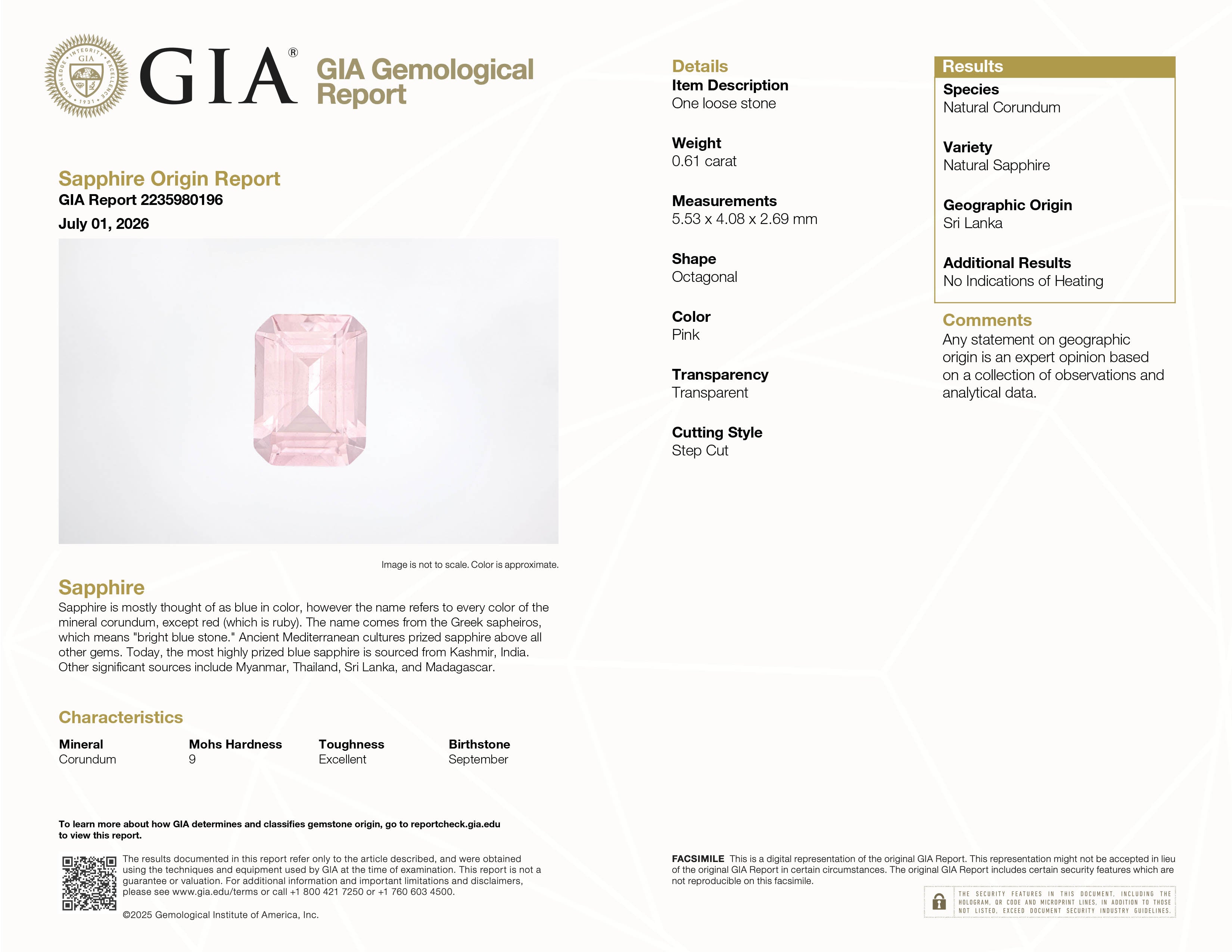0.61 ct Emerald-Cut Peach Sapphire ~ Unheated, Sri lanka, GIA