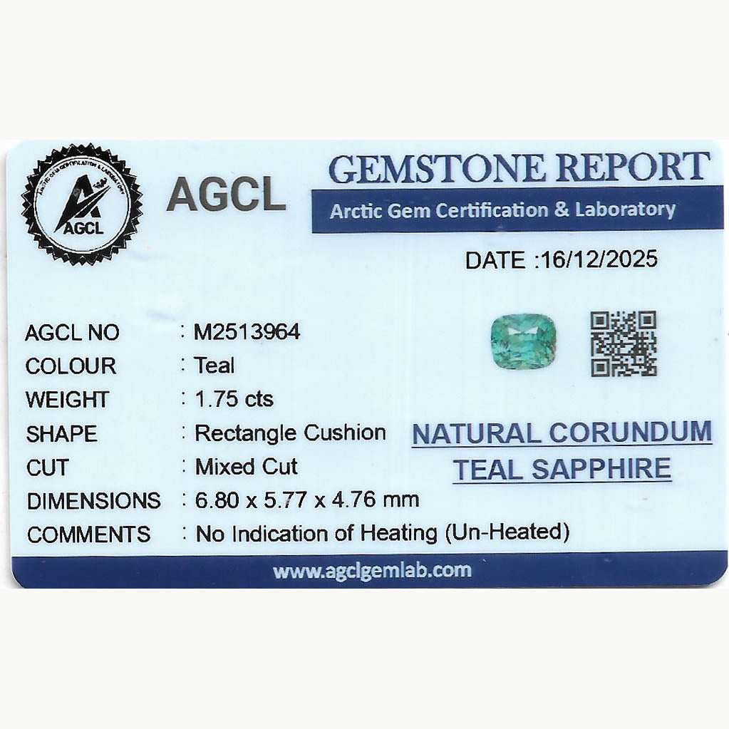 1.75 ct unheated teal sapphire gemstone with excellent clarity and natural steely hue