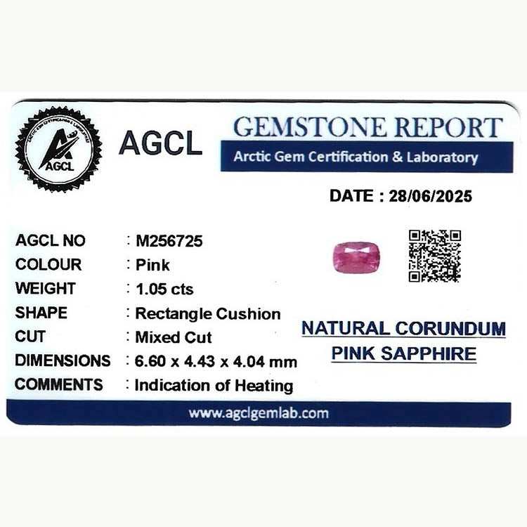 1.05 ct pink sapphire gemstone in cushion cut with brilliant pink hue and excellent clarity