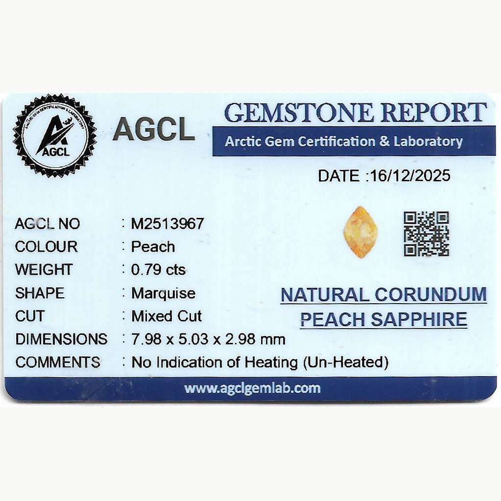 0.79 carat unheated peach sapphire gemstone with excellent clarity and soft peach hue for jewelry designs