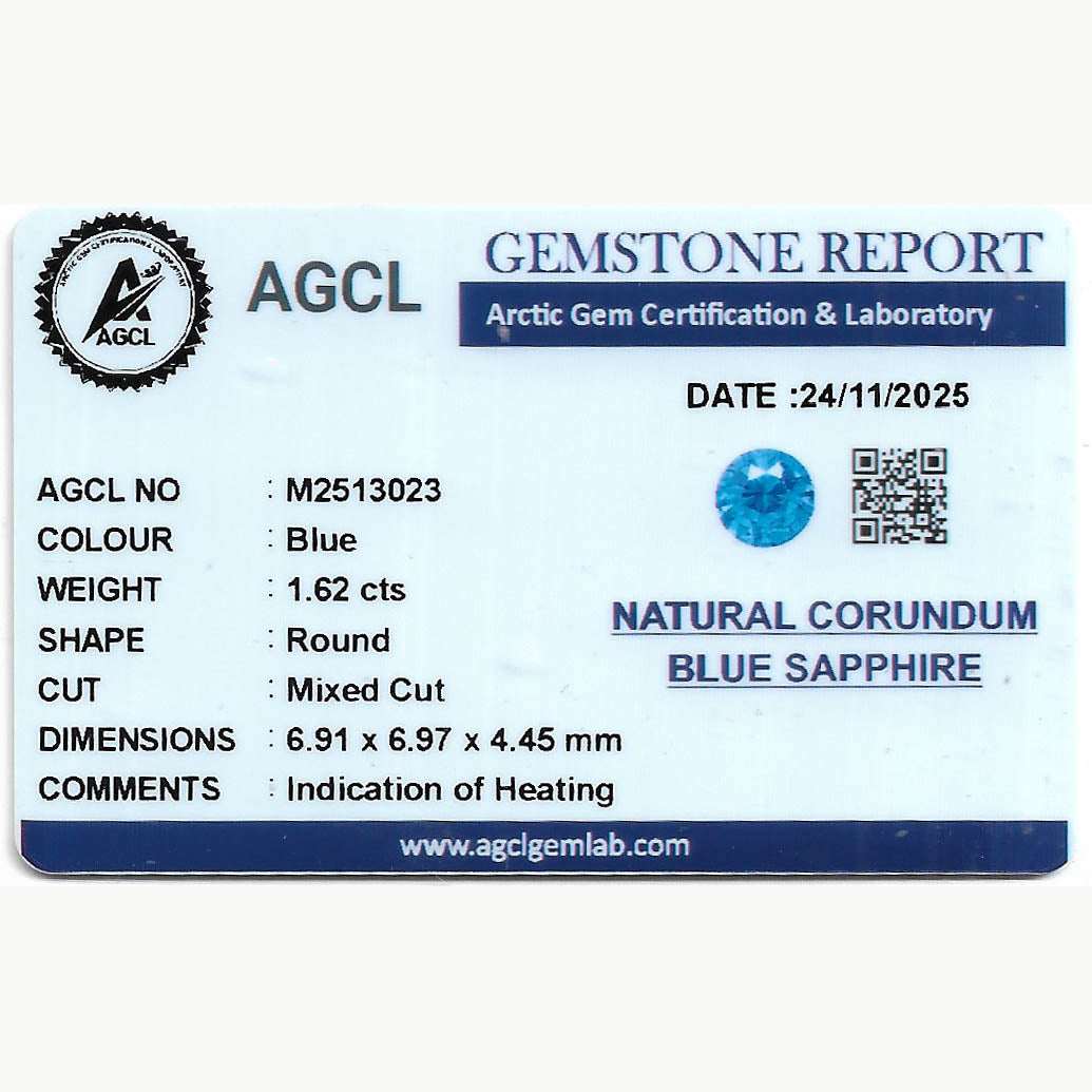 1.62 Ct round-cut blue sapphire gemstone with deep Ceylon blue hue and excellent brilliance