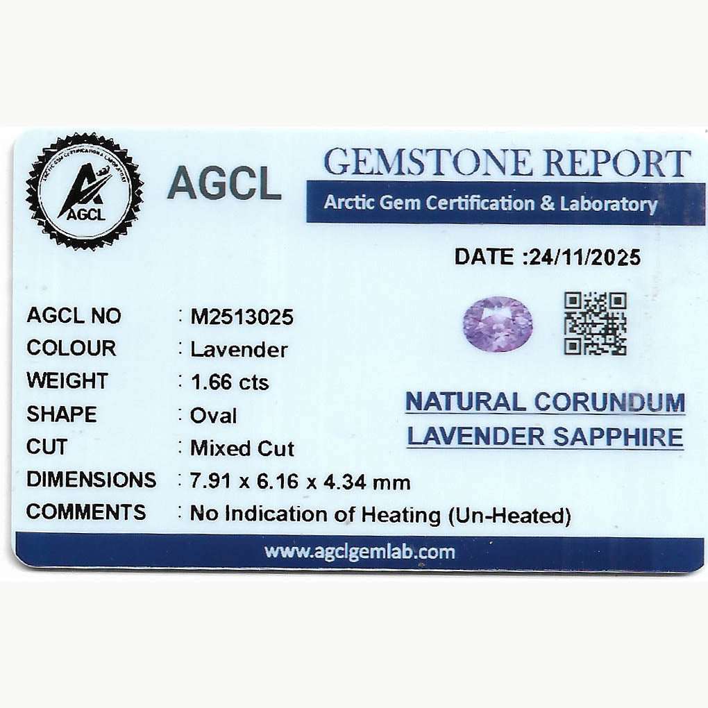 1.66 Ct untreated lavender sapphire oval cut gemstone with excellent clarity and brilliance