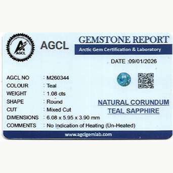 1.08 carat unheated teal sapphire gemstone with blue-green hues and excellent clarity