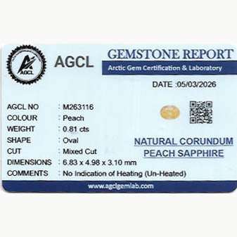0.81 ct natural untreated peach sapphire gemstone with warm peachy-orange hues and excellent clarity