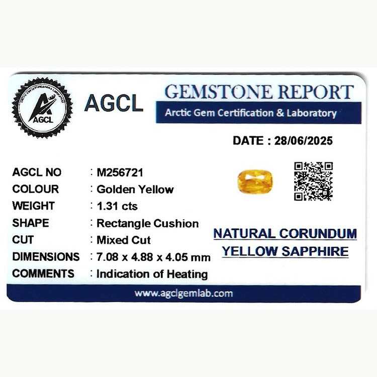 1.31 ct golden yellow sapphire cushion-cut gemstone with brilliant mixed faceting and rich orangish-yellow hue