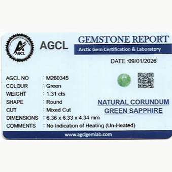 1.31 Ct natural unheated green sapphire gemstone with brilliant cut and excellent clarity