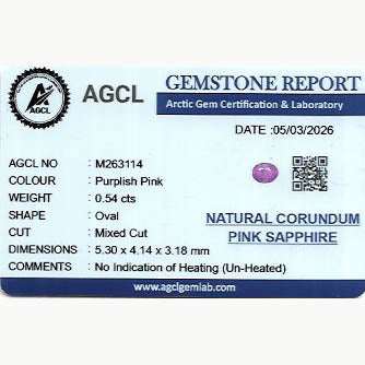0.54ct natural unheated pink sapphire gemstone from Ceylon with purplish pink hue and excellent clarity
