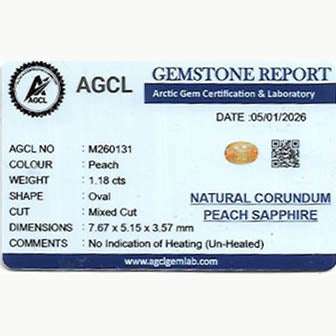 1.18ct unheated peach sapphire gemstone with excellent clarity and soft peach hue