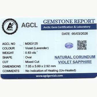 Lab report for 0.83 ct natural unheated purple sapphire