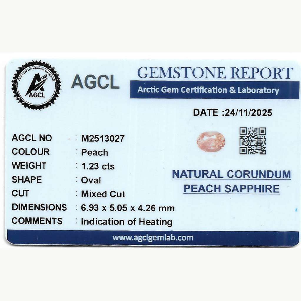 1.23 ct peach sapphire gemstone with soft peach hue and excellent clarity