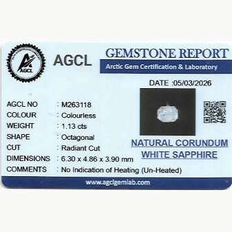 1.13 ct untreated white sapphire gemstone with excellent clarity and sparkle