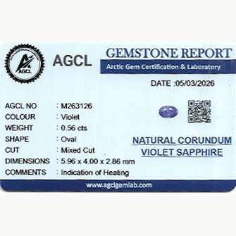 0.56 ct Natural Ceylon purple sapphire gemstone with brilliant cut and vivid violet hue