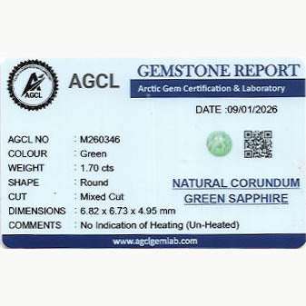 1.70 carat untreated green sapphire gemstone with brilliant cut and natural bright green color