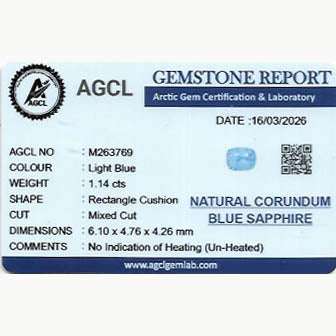 1.14 ct pale blue unheated sapphire gemstone with excellent clarity and brilliant cut