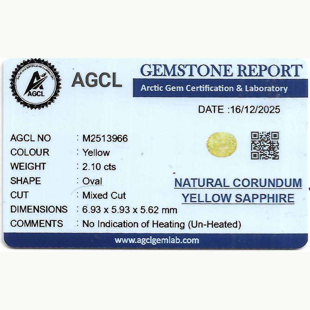 2.10 ct unheated Yellow Sapphire gemstone with natural golden hue and excellent clarity
