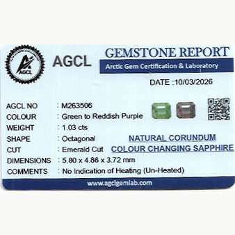 1.03ct untreated natural color change sapphire showing green to reddish purple transition