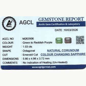 1.03ct untreated natural color change sapphire showing green to reddish purple transition