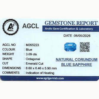 3.09 ct radiant cut natural Ceylon blue sapphire gemstone with deep blue hue and excellent clarity