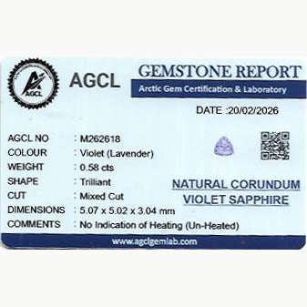 0.58 ct natural unheated violet sapphire gemstone with brilliant lavender hue and precision cut