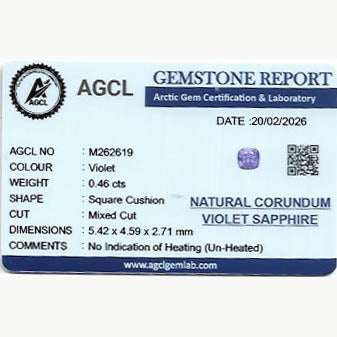 Lab report for 0.46 ct natural Violet Cushion Sapphire