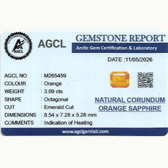 3.09 ct emerald cut orange sapphire GIA report Lab report
