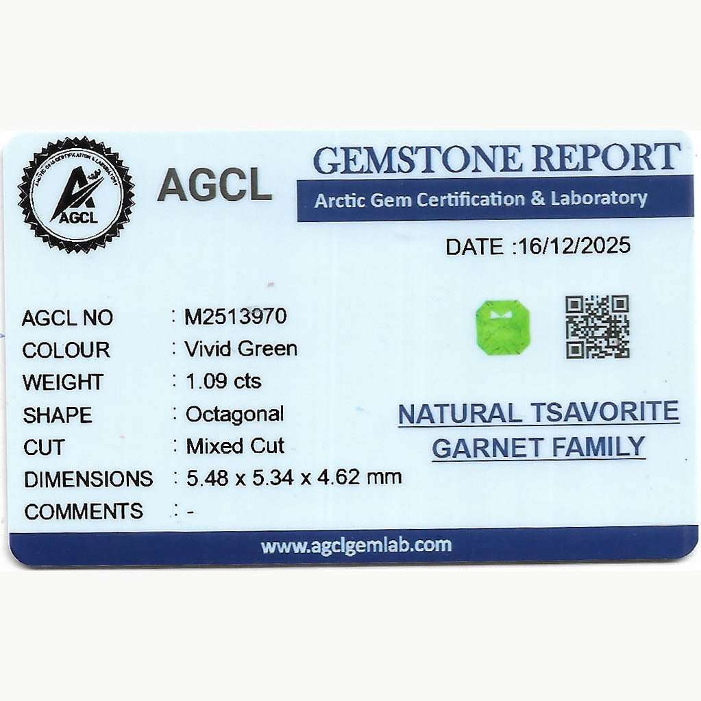 1.09ct vibrant green tsavorite garnet gemstone with high brilliance and clarity, precision cut for jewelry