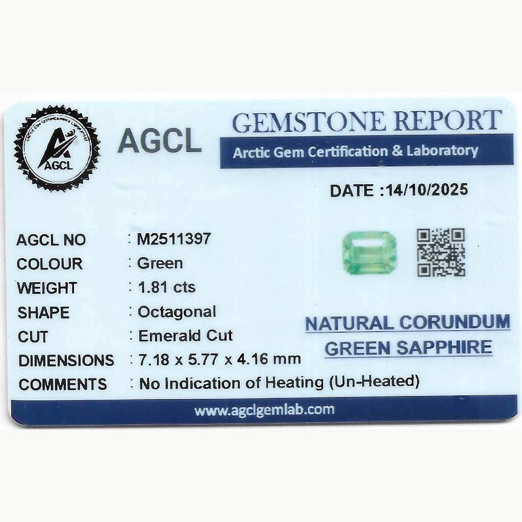 1.81 ct unheated mint green sapphire emerald cut gemstone with brilliant sparkle and excellent clarity
