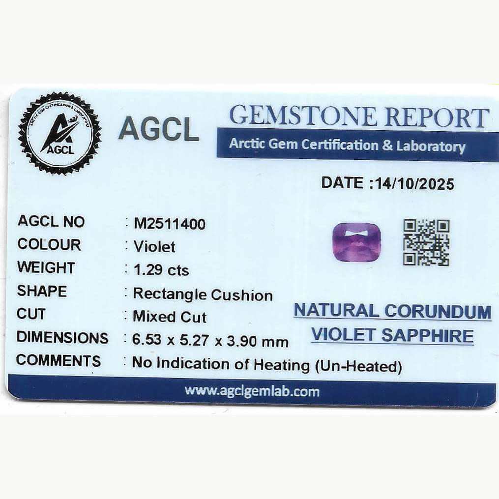 Lab report for 1.29 ct natural unheated violet sapphire