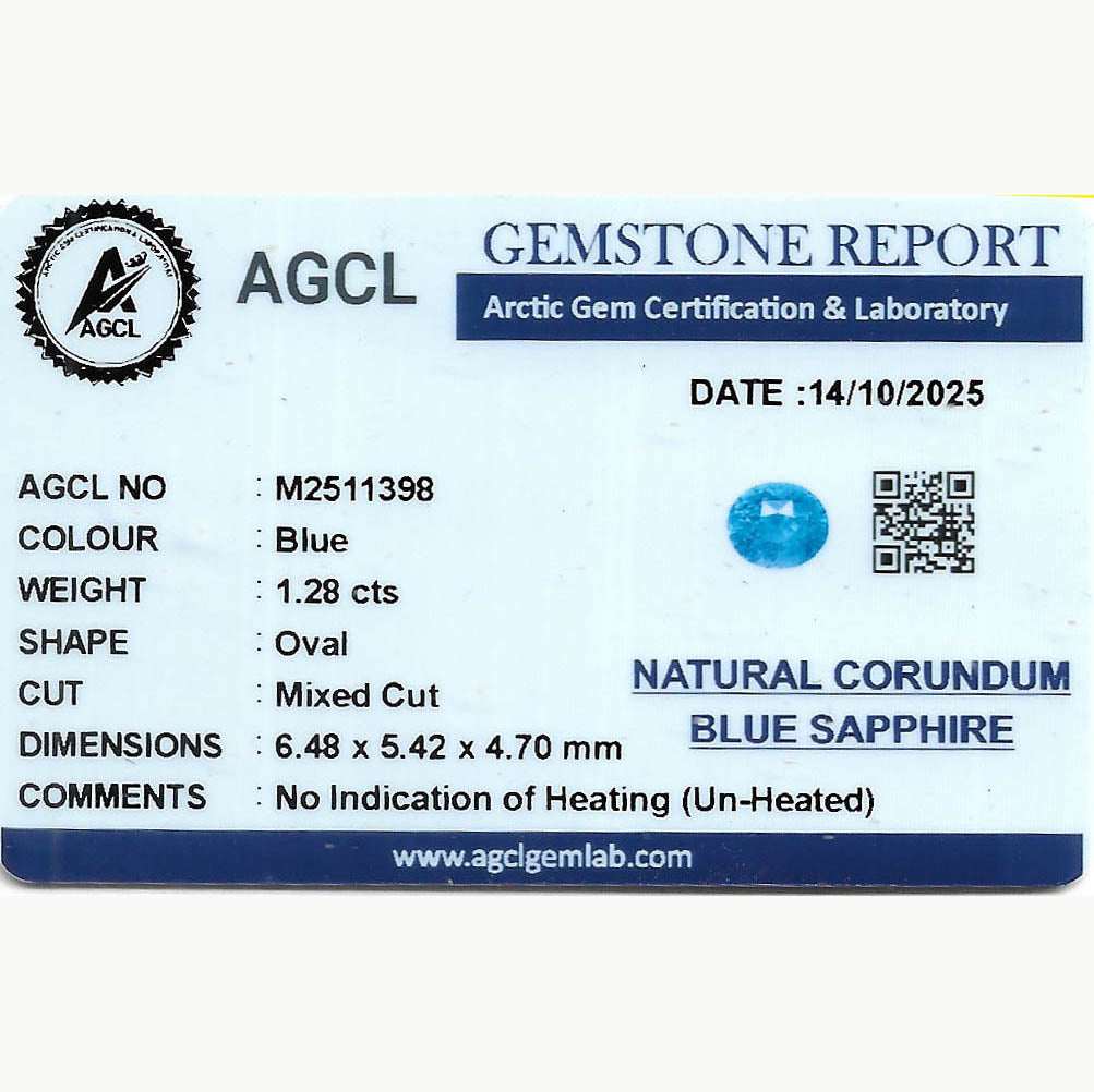 Close-up of a 1.28ct unheated Ceylon blue sapphire with medium-intense blue hue and oval cut