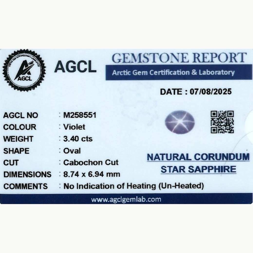 3.40 ct purple star sapphire stone showing six-ray asterism effect, unheated and natural from Sri Lanka