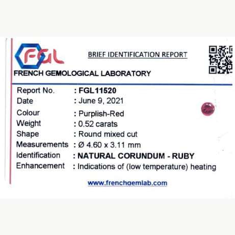 0.52 carat round brilliant cut ruby gemstone with rich red hue and exceptional clarity