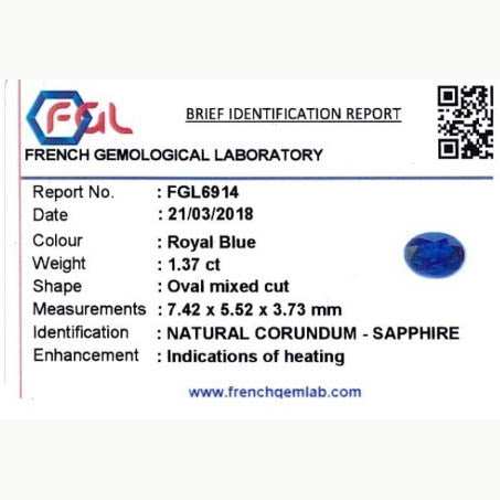1.37 carat oval royal blue sapphire gemstone with excellent clarity and brilliance