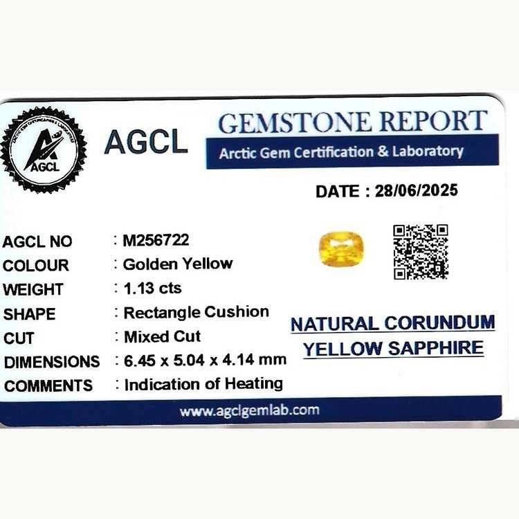 1.13 ct cushion cut golden yellow sapphire with excellent clarity and brilliance