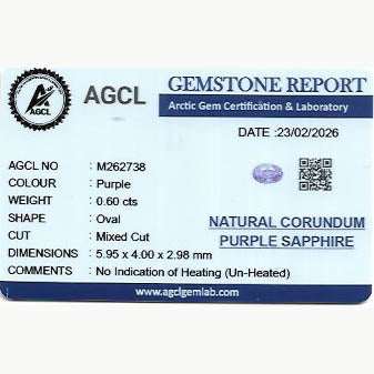 0.60 ct natural unheated lavender sapphire gemstone with brilliant purple hue and excellent clarity