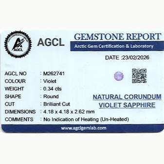 Close-up of a 0.34 carat unheated natural violet sapphire with excellent clarity and rich purple color